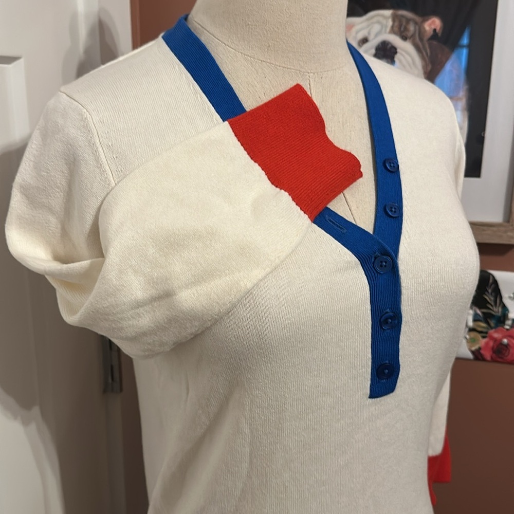 Boden winter white red blue 3/4 sleeves cotton wool fitted deep vneck 2 sweater - Picture 6 of 15